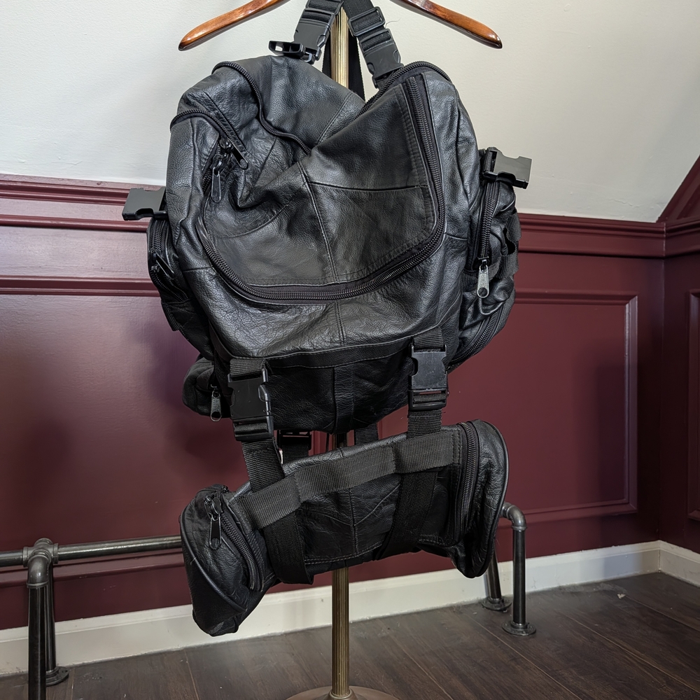 American Vintage Black Leather 2-piece Biker Cargo Backpack with Hip Pack Laces